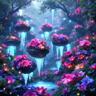 The primary subject of the image is a beautiful garden with a variety of flowers, including pink and purple ones. The setting is a lush, colorful forest with a stream of water flowing through it. The visual style is a combination of photo and digital art, creating a vibrant and captivating scene. The colors and mood of the image are predominantly pink and purple, giving it a warm and inviting atmosphere.